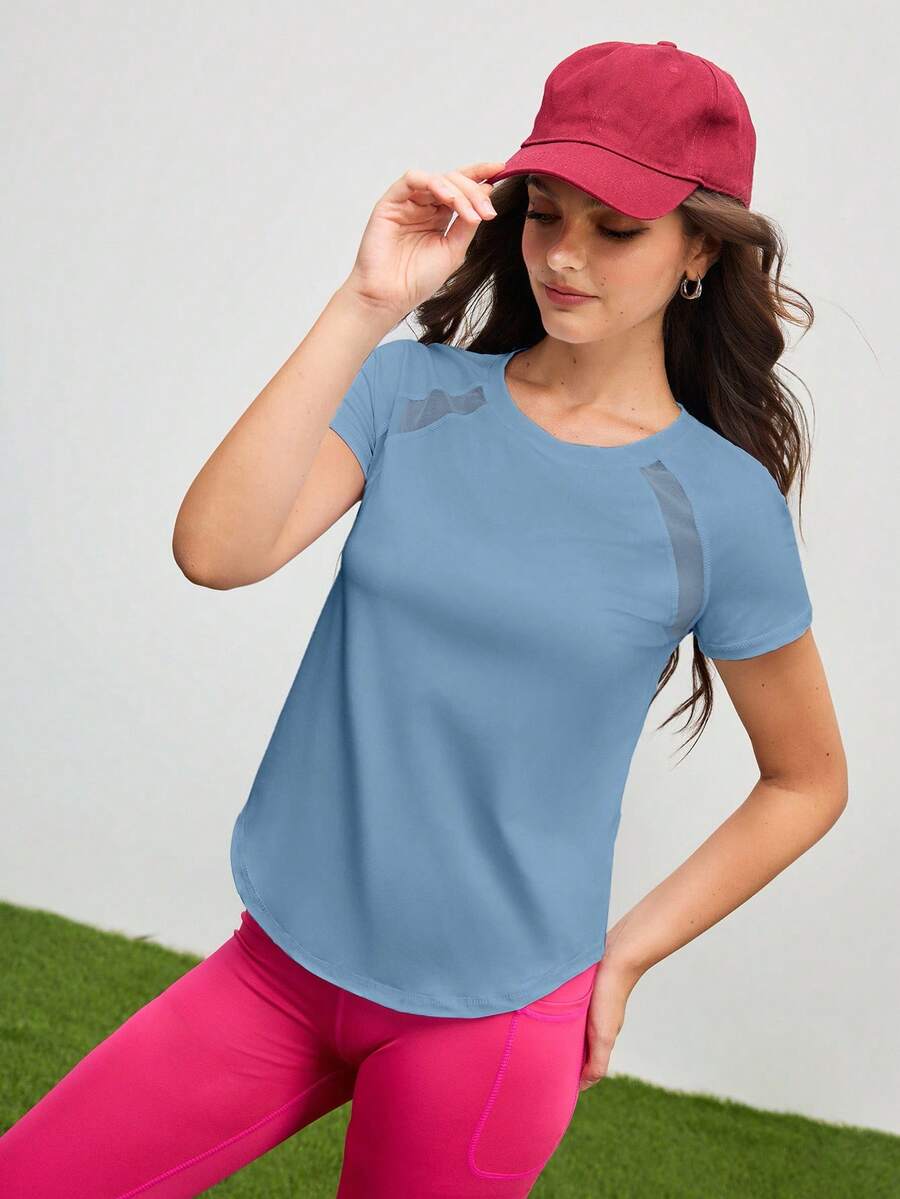 SHEIN Cheerettes 女式插肩袖圆领休闲健身运动T恤健身衫 - 淺藍色 - 查看 1