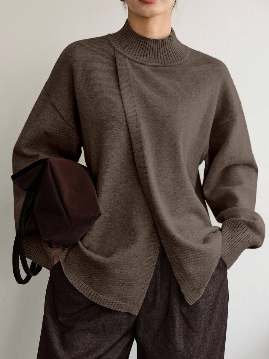 Dazy-Less Women's Loose Business Casual Asymmetric Collar Pullover Sweater, Solid Color Simple Basic Top, Autumn/Winter - Brown - View 1