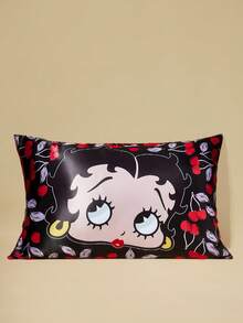 Betty Boop x SHEIN 2pcs Pillowcase Set, Taffeta Fabric, Comfortable & Cooling, Cherry & Cartoon Figure Graphic Black Pillow Cover, Smooth & Wrinkle-Resistant, Gentle On Hair & Skin, Cherry Pattern,Gift Ideas,Party,Holiday,Valentine's Day