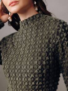 Anewsta Elegant Flocked Lace Turtleneck Undershirt, High-Quality Women's Autumn/Winter Base Layer Top - Army Green - View 2