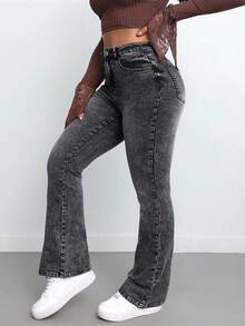 SHEIN CURVE+ Jeans évasés casual polyvalents avec poche de blocs de couleurs, grande taille. Jeans évasés haute taille, délavés neige, pour Noël, Nouvel An. Jeans évasés adaptés au bureau en hiver - Bleu azur - Voir 6