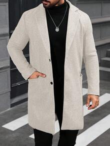 Manfinity Mode 男士纯色翻领单排扣休闲大衣，秋冬男士长款大衣，米色/奶油色/米色/欧式休闲风 - 杏色 - 查看 5