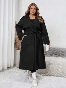 SHEIN CURVE+ 1pc Women's Solid Color Woven Longline Belted Front Button Trench Coat/Winter - Black - View 9