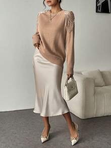 SHEIN Clasi Áo len nữ có trang trí ren, cổ tròn, tiệc tùng, lễ hội âm nhạc, đồ mặc nhà, sự kiện trở lại trường, quà tặng và mua sắm. phong cách cung điện, áo nữ gợi cảm, váy nữ mùa đông, váy nữ thanh lịch, sang trọng, áo len mùa thu - Màu Khaki - Xem 3