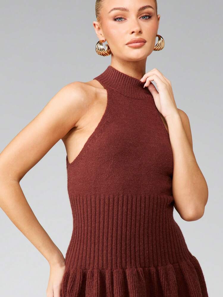 MISSGUIDED Ribbed Knit Halter Neck Sleeveless Mini Dress With Mock Turtleneck For Fall Winter