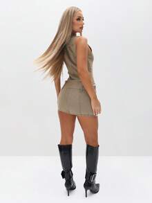 BABYPHAT Sleeveless Denim Mini Dress With Metal Eyelet Belt And Zip Front Closure - Khaki - View 7