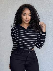 Alexandranx V-Neck Striped Slim Fit Sweater, Casual & Fashionable For Daily Wear Knit Pullover Fall Winter Outfit - Black - View 4
