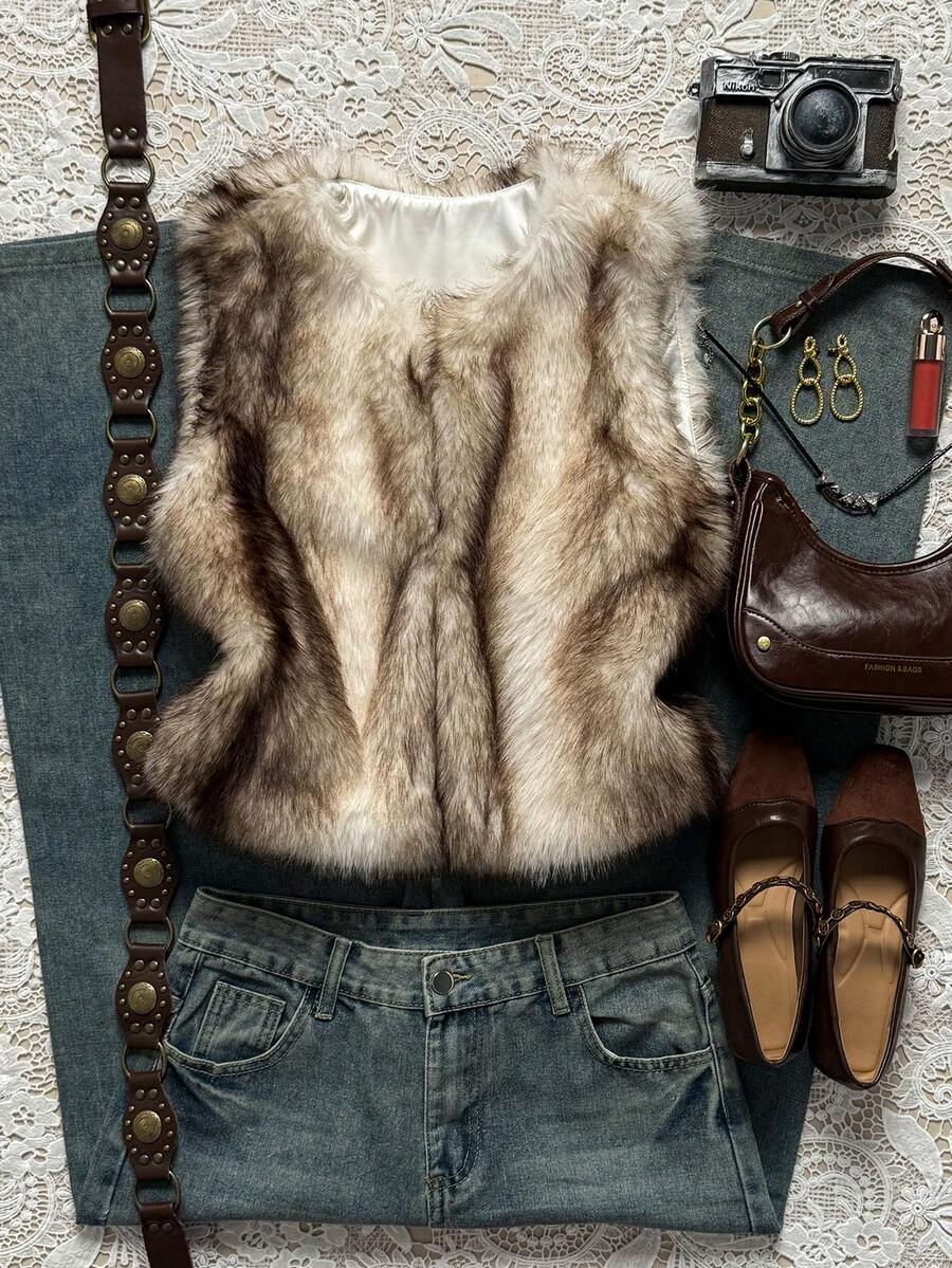 SHEIN EZwear 女士休闲百搭人造毛皮无袖外套,秋冬季 - 米色 - 查看 1