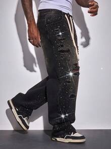 ROMWE MEN Street Life Men's Drawstring Waist Pocket Distressed Rhinestone Embellished Wide Leg Loose Jeans - Black - View 5