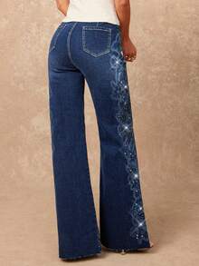 Lumalex VITNOS Navy Blue Autumn 90s Wide Leg Cotton Denim Jeans,Laser Engraved Floral Pattern Rhinestone Embellished,Elegant Night Out Party Old Money Style - Blue - View 3