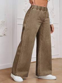 EMERY ROSE Quần jeans ống rộng cạp chun co giãn đa năng dành cho nữ cỡ lớn - Cà phê nâu - Xem 3