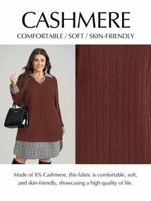 SHEIN LUNE Vestido casual holgado de manga larga a cuadros y de punto elástico en talla grande 2 en 1 - Café integral - Ver 9