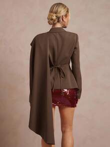 Lumalex 1 chiếc áo blazer nữ tay dài, đệm vai, cổ chữ V sâu, eo thắt - Cà phê nâu - Xem 2