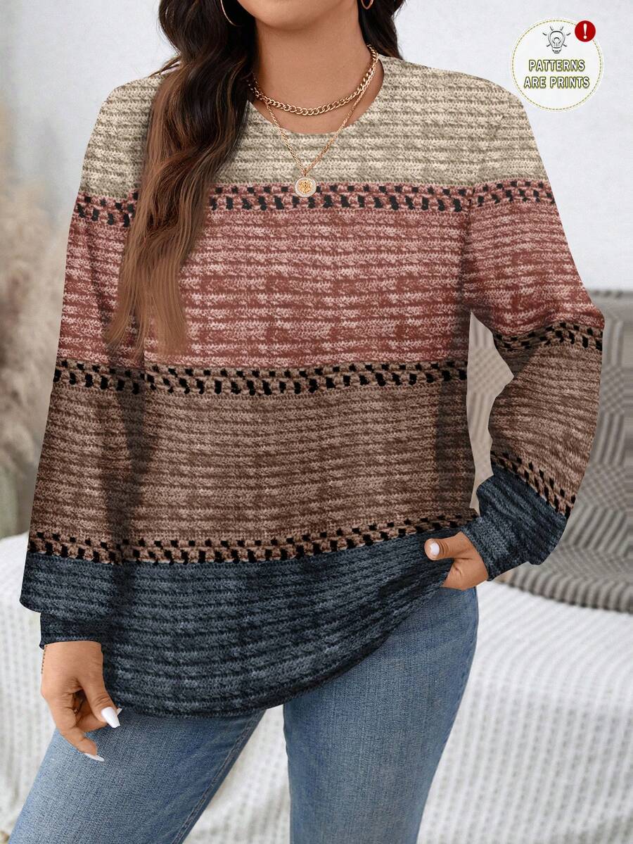 EMERY ROSE Thanksgiving Autumn Merlot Color Textured Striped Print Casual Minimalist Plus Size Crew Neck Loose Sweatshirt, Autumn/Winter New Year Party - Multicolor - View 1