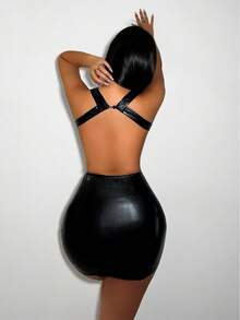 VaVaBold 女士纯色仿皮镂空露背圆领无袖修身迷你连衣裙 PU 皮革女装 - 黑色 - 查看 2