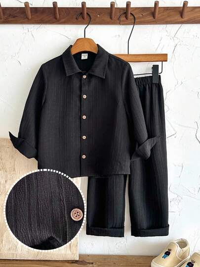 LMoss Kids 男童纯色梭织休闲衬衫和裤子两件套