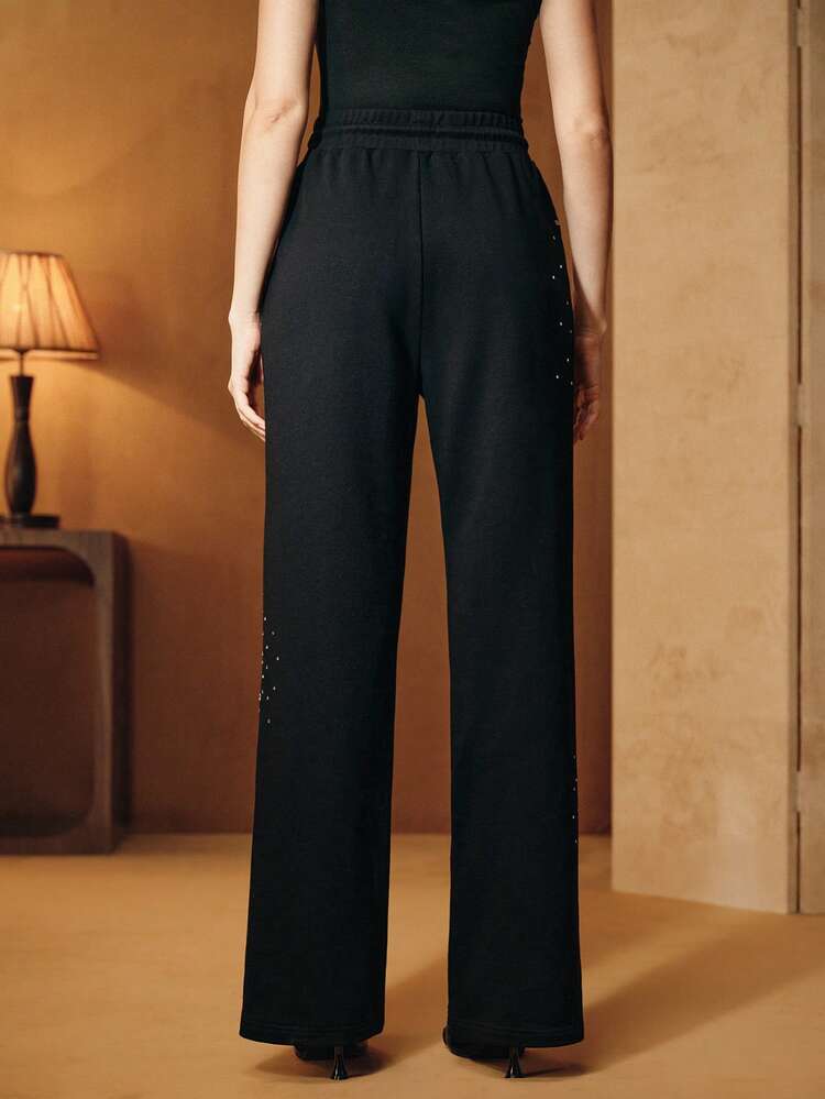 Calças Casuais Elegantes para Mulheres no Outono/Inverno, Design de Cintura Franzida com Strass, Adequado para Festival, Inverno, Outono, Natal