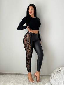 SHEIN SXY 黑色蕾丝拼接天鹅绒性感修身女士打底裤，冬季，性感，黑色裤子，秋季，夜店，Y2K，黑色下装，紧身裤，女士裤子，透视裤，蕾丝打底裤 - 黑色 - 查看 9