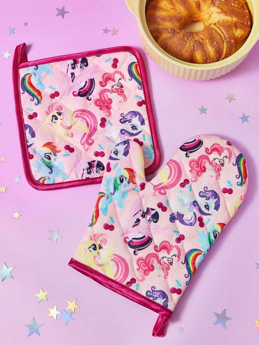 My Little Pony X SHEIN Cute Pony Cartoon Printed Kitchen Insulation Set, Oven Glove/Insulation Mat, Essential For Kitchen Baking, Effective Heat Isolation, Rainbow, Twilight Sparkle/Rainbow Dash/Pinkie Pie/Applejack/Fluttershy/Rarity,Gift Ideas - Multicolor - View 1