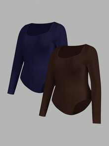 Auralis Plus Size Women's Autumn And Winter Business Casual Women Cruise Women Outfits Fall Women Clothes New Fashion Casual Commuting Elegant Solid Color Black And White Basic Tight U-Neck 2-Piece Long Sleeves Woman Bodysuit Leotard - Multicolor - View 9