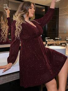 Femmeverse Plus Size Women's Glittery Wrap Dress For New Year Clothes