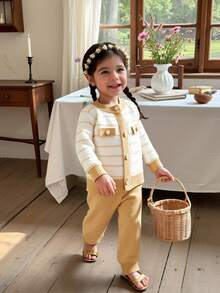 SHEIN Vintaside Kids 2件套女婴秋冬时尚休闲可爱长袖条纹假口袋针织开衫和针织裤套装 - 卡其色 - 查看 3
