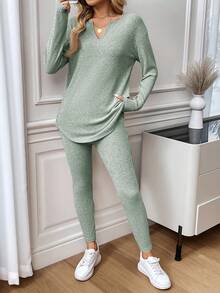 SHEIN Tall CURVE 两件套加大码女式保暖罗纹长袖T恤和打底裤，秋冬季 - 綠色 - 查看 3