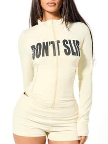 SUMWON WOMEN Don't Slip Funnel Neck Full Zip Sweatshirt With Centre Pocket And Motivational Slogan For Casual Comfort - Apricot - View 1