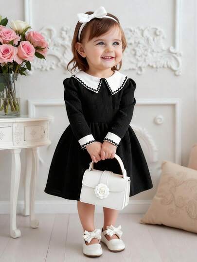 Souflis Souflis Baby Girl Casual Color Block Collar Long Sleeve Dress, Autumn