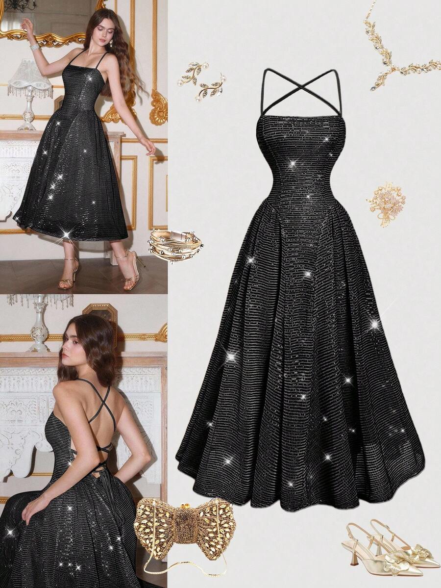 SHEIN MOD Lace-Up Backless Sequin Midi Dress - Black - View 1