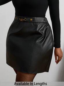 SHEIN PETITE CURVE 大码女式百搭红色金属扣PU迷你裙 - 黑色 - 查看 1