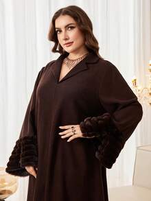Al Najma 休闲纯色立领长袖蓬松装饰宽松常规春秋季加大码女式阿拉伯长裙 - 咖啡棕 - 查看 1