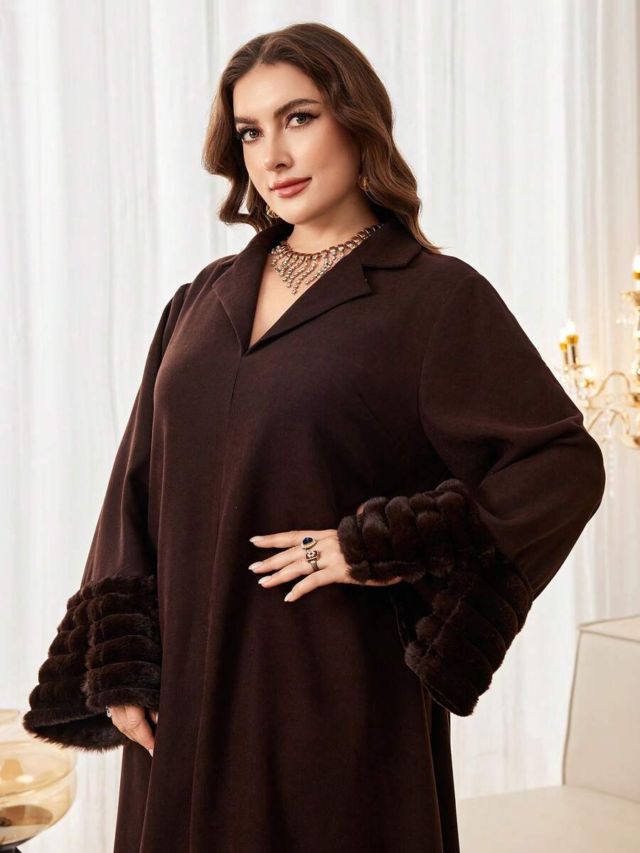 Al Najma 休闲纯色立领长袖蓬松装饰宽松常规春秋季加大码女式阿拉伯长裙 - 咖啡棕 - 查看 1