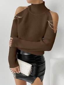RosyDaze Women's Fashion Casual Off-Shoulder Chain High Collar Ribbed Knit Sweater - Brown - View 6