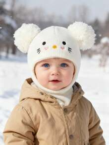 Cozy Pixies 1个黑色带绒球的拉法帽，新生儿滑雪面罩，幼儿针织帽，双球设计，男女宝宝通用，儿童冬季保暖帽，儿童针织帽 - 白色 - 查看 3