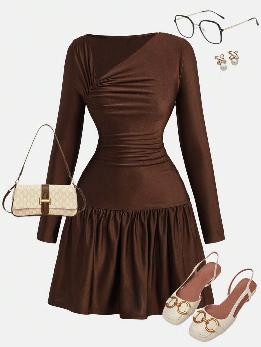 Girlism 少女棕色褶皱肩部长袖A字连衣裙，领口蝴蝶结腰带，时尚日常连衣裙，适合秋冬季穿着 - 棕色 - 查看 1