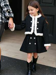 Young Girl Cute & Elegant Faux Pearl Decor Black & White Thickened Short Jacket And Mini Skirt Set For Autumn,7th Birthday Banquet Party Wool Coat - Black - View 1