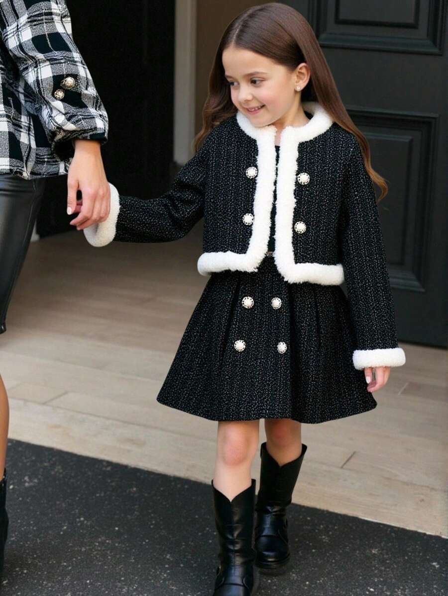 Young Girl Cute & Elegant Faux Pearl Decor Black & White Thickened Short Jacket And Mini Skirt Set For Autumn,7th Birthday Banquet Party Wool Coat - Black - View 1