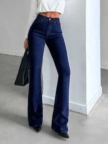 EURMUSE 女士高腰弹力棉质深色水洗牛仔裤