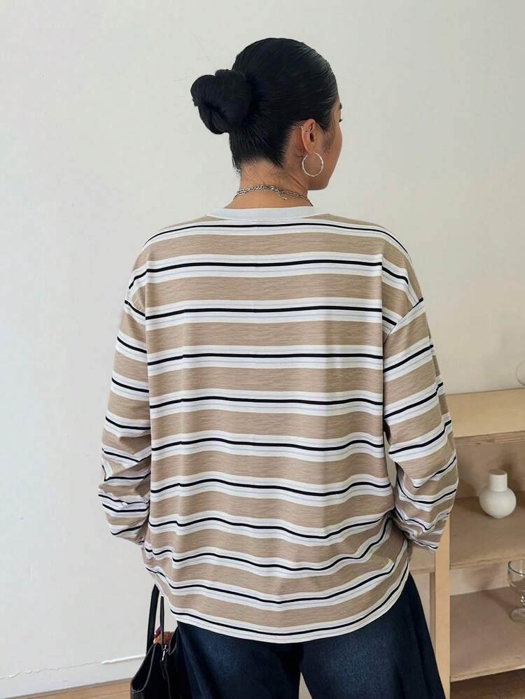 Dazy Plus Plus Size Casual Striped Long Sleeve T-Shirt, Street Style Fashion For Plus Size Women