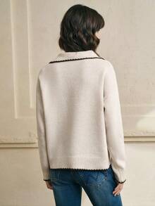 Cévolie Women's Casual Contrast Trim Button Half-Placket Dual Pocket Knit Sweater, Autumn/Winter