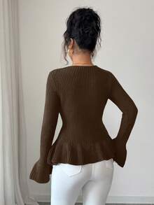 SHEIN Elenzya 女士优雅金属扣袖口荷叶边下摆长袖毛衣，秋冬款 - 棕色 - 查看 2