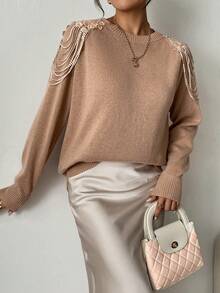 SHEIN Clasi Áo len nữ có trang trí ren, cổ tròn, tiệc tùng, lễ hội âm nhạc, đồ mặc nhà, sự kiện trở lại trường, quà tặng và mua sắm. phong cách cung điện, áo nữ gợi cảm, váy nữ mùa đông, váy nữ thanh lịch, sang trọng, áo len mùa thu - Màu Khaki - Xem 5