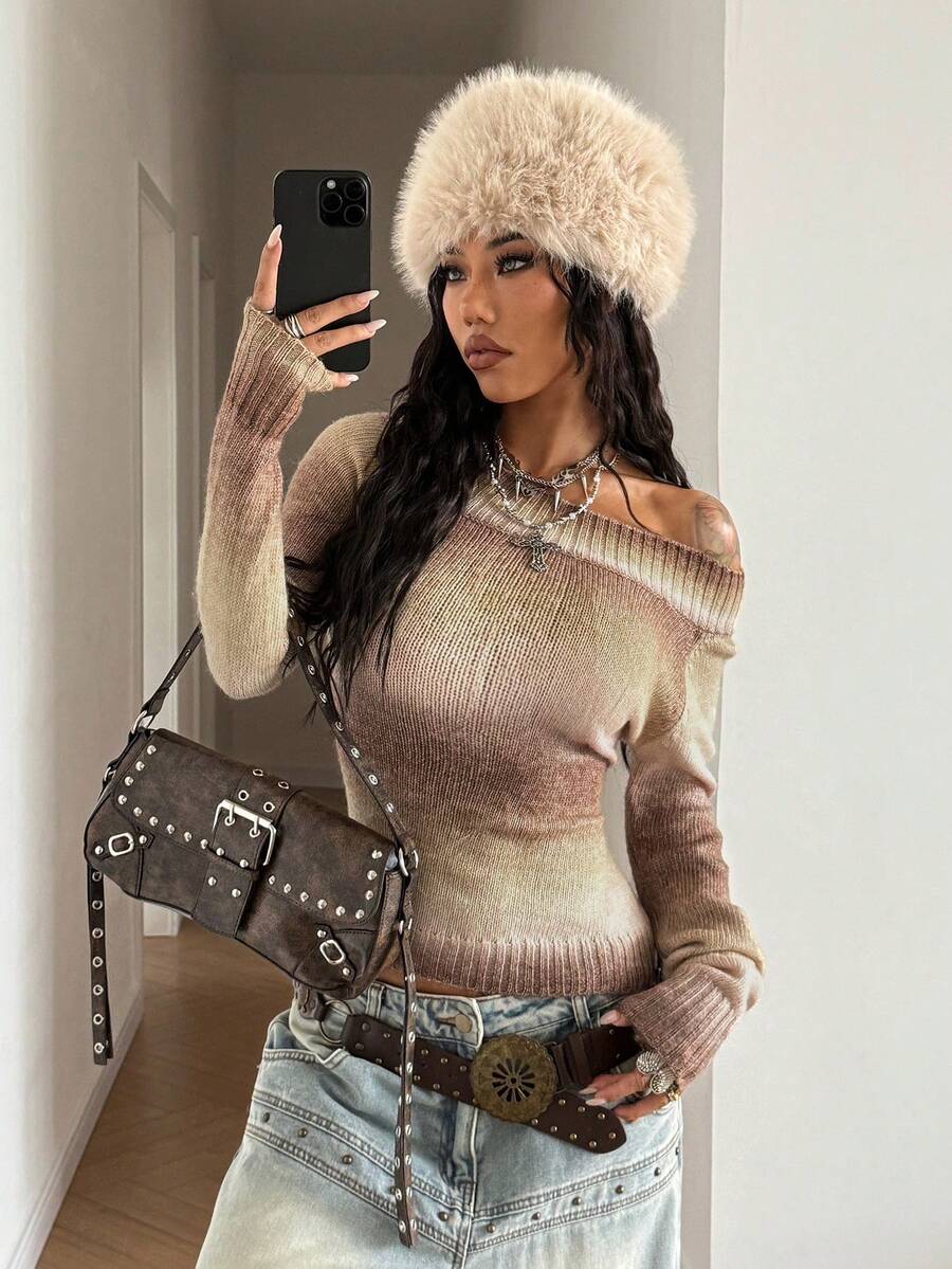 StreetHx Women's Ombre Streetwear Loose Fit Off Shoulder Pullover Sweater, Autumn/Winter - Multicolor - View 1