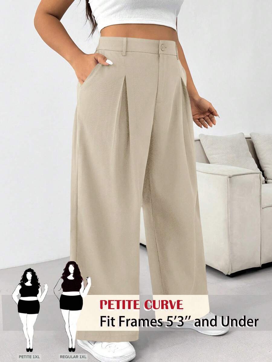 SHEIN PETITE CURVE Quần ống rộng cài nút màu trơn cỡ lớn cho mùa thu/đông - Màu be - Xem 1