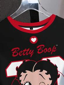 Betty Boop x SHEIN 女士休闲撞色卡通图案圆领短袖T恤，夏季 - 白色 - 查看 5