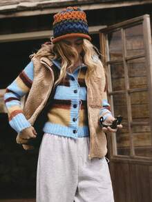 SHEIN Unity Cardigan régulier pour femme, sweat-shirt à capuche boutonnée bicolore, pull élégant et décontracté - Multicolore - Voir 3