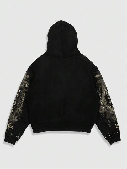 ROMWE MEN Street Life Spring Casual Graphic Men's Fashion Street Angel Print Zip-Up Drawstring Hooded Thermal Lined Sweatshirt, Autumn/Winter, Y2K