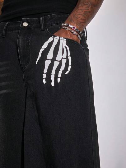 Herren Loose Fit Jeans mit Totenkopf-Hand Grafik Tasche und weitem Bein