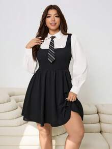 Solflare Đầm cổ sơ mi 2 trong 1 tay dài thường ngày cỡ lớn dành cho nữ - Đen và trắng - Xem 5